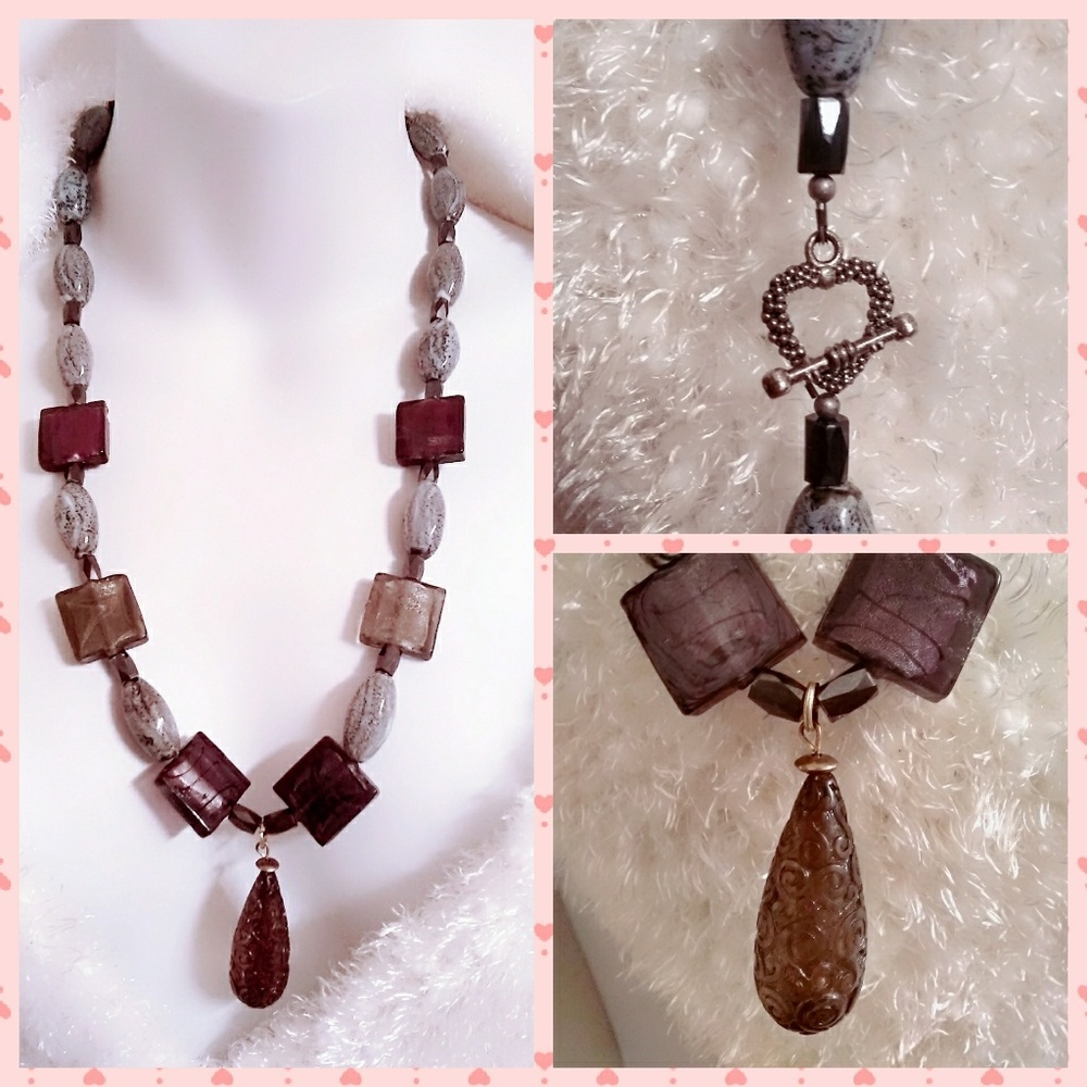 Boho Statement Necklace Purple Beads & Glass 12in